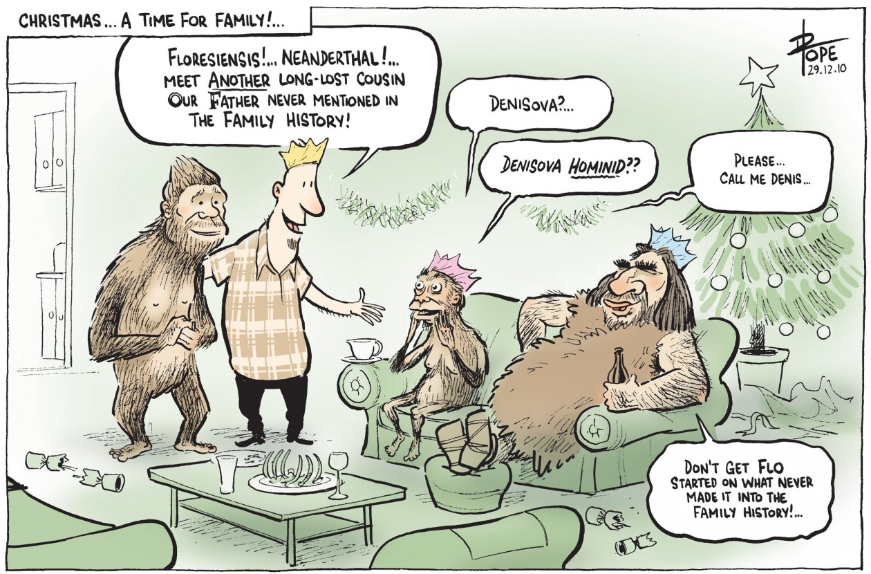 David Pope/The Canberra Times, Australia. Человек современного физического типа представляет неандертальцу и человеку флоресскому денисовца («... встречайте еще одного давно утерянного кузена, о котором наш папа никогда не упоминал в семейной истории») David Pope/The Canberra Times, Australia. Человек современного физического типа представляет неандертальцу и человеку флоресскому денисовца («... встречайте еще одного давно утерянного кузена, о котором наш папа никогда не упоминал в семейной истории»)