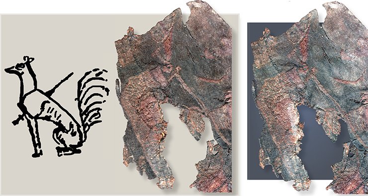 Left: a detailed drawing of a nine-tailed sword-speared fox, a heavenly emblem of Sivanmu goddess on the Han relief. The end of the warrior’s sword’s handle and its guard on the silk embroidery from Noin Ula burial mound 20 are similar to those ones in this drawing. Drawn by E. Shumakova. A fragment of the silk material with the embroidery “The fourth personage” (on the right). In the center: a detailed drawing of the warrior’s figure on silk. Noin Ula burial mound 20