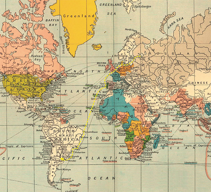 Expedition route from Europe to South America: St. Petersburg – Libau – Kiel Canal – German (North) Sea – London – Southampton – Lisbon – Madeira Island – “7 days of continuous ocean” – equator – Pernambuco (Brazil) – Rio de Janeiro – Santos – Montevideo (Uruguay) – La Plata Bay – Buenos Aires (Argentina) Expedition route from Europe to South America: St. Petersburg – Libau – Kiel Canal – German (North) Sea – London – Southampton – Lisbon – Madeira Island – “7 days of continuous ocean” – equator – Pernambuco (Brazil) – Rio de Janeiro – Santos – Montevideo (Uruguay) – La Plata Bay – Buenos Aires (Argentina)