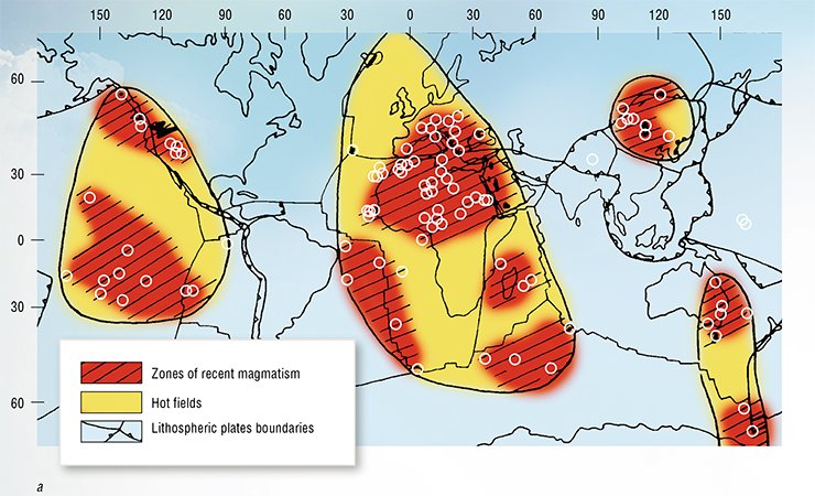 Forty-seven hot spots that existed within the last 15 myr have been revealed from intraplate magmatic occurrences. They are grouped in four rather extensive (up to 10 000 km in diameter), but compact zones called “hot mantle fields of the Earth”: African, Pacific, Central-Asian and Tasmanian (a) (Zonenshian, Kuzmin, 1983). The boundaries of these fields almost coincide with the contours of low shear velocity provinces (b), which were recognized later, basing on the velocity of seismic waves propagation in the mantle. These areas containing partially melted mantle substance are often referred to as superplumes.The association between hot spots and recent volcanic occurrences is verified by seismotomography showing the locations of all the 49 hot spots known today. From: (Zonenshain et al., 1991; Courtillot et al., 2003; Burke, Torsvik, 2004; Burke et al., 2008) Forty-seven hot spots that existed within the last 15 myr have been revealed from intraplate magmatic occurrences. They are grouped in four rather extensive (up to 10 000 km in diameter), but compact zones called “hot mantle fields of the Earth”: African, Pacific, Central-Asian and Tasmanian (a) (Zonenshian, Kuzmin, 1983). The boundaries of these fields almost coincide with the contours of low shear velocity provinces (b), which were recognized later, basing on the velocity of seismic waves propagation in the mantle. These areas containing partially melted mantle substance are often referred to as superplumes.The association between hot spots and recent volcanic occurrences is verified by seismotomography showing the locations of all the 49 hot spots known today. From: (Zonenshain et al., 1991; Courtillot et al., 2003; Burke, Torsvik, 2004; Burke et al., 2008)