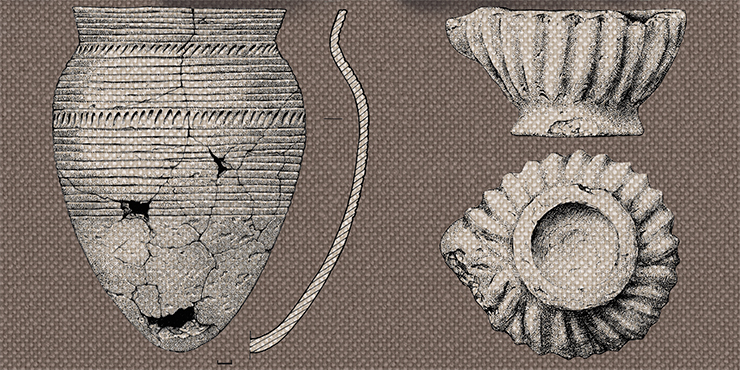 The ovoid vessel (left) was crushed and restored in the laboratory. Its lower third is unadorned while its upper third is marked with horizontal lines. Under the rim and along the widest part of the body, the vessel is decorated with two rows of flat-stamped impressions. This small, thick-walled clay vessel (right) of unknown purpose was discovered within a small stone ring attached to the main one on the northeast. Such items are commonly called incense burners. Drawing by E. Shumakova The ovoid vessel (left) was crushed and restored in the laboratory. Its lower third is unadorned while its upper third is marked with horizontal lines. Under the rim and along the widest part of the body, the vessel is decorated with two rows of flat-stamped impressions. This small, thick-walled clay vessel (right) of unknown purpose was discovered within a small stone ring attached to the main one on the northeast. Such items are commonly called incense burners. Drawing by E. Shumakova