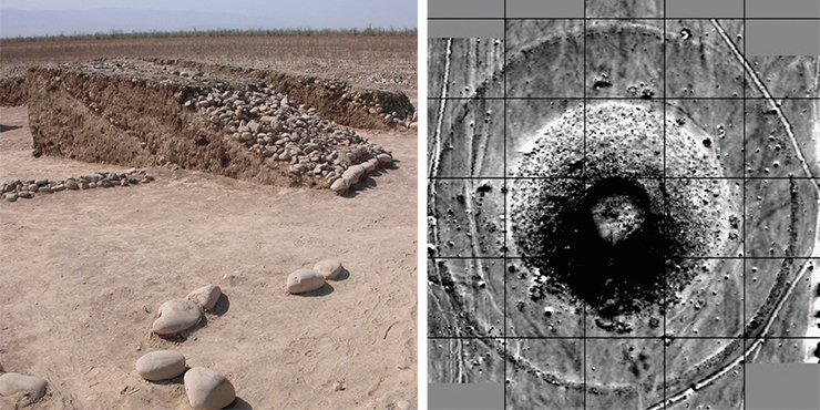 Results of geophysical surveys of the central tumulus of the Joan Tobe burial grounds. The edges of the structure are surrounded with tombs; the whole area is surrounded by a paved ring road. Tumulus 8 (Aksuat) is formed of dense hard-packed clay faced with a stone shell. The tomb structure was built in a similar way