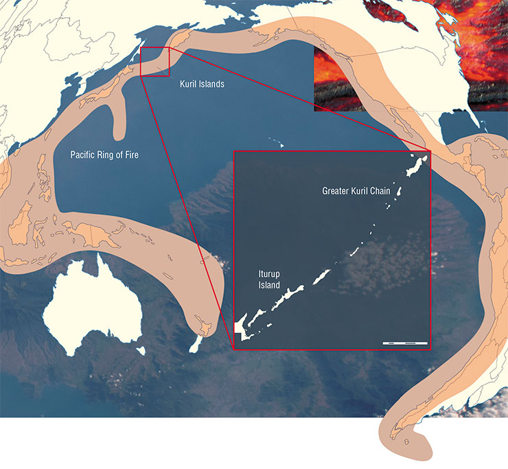 Kuril Islands are part of the so-called Pacific Ring of Fire, an area about 40,000 km along the perimeter of the Pacific Ocean, which encircles most of the active volcanoes and experiences many eruptions and earthquakes. Kuril Islands comprise 56 separate islands, which form two parallel chains: the Greater Kuril Chain and Lesser Kuril Chain