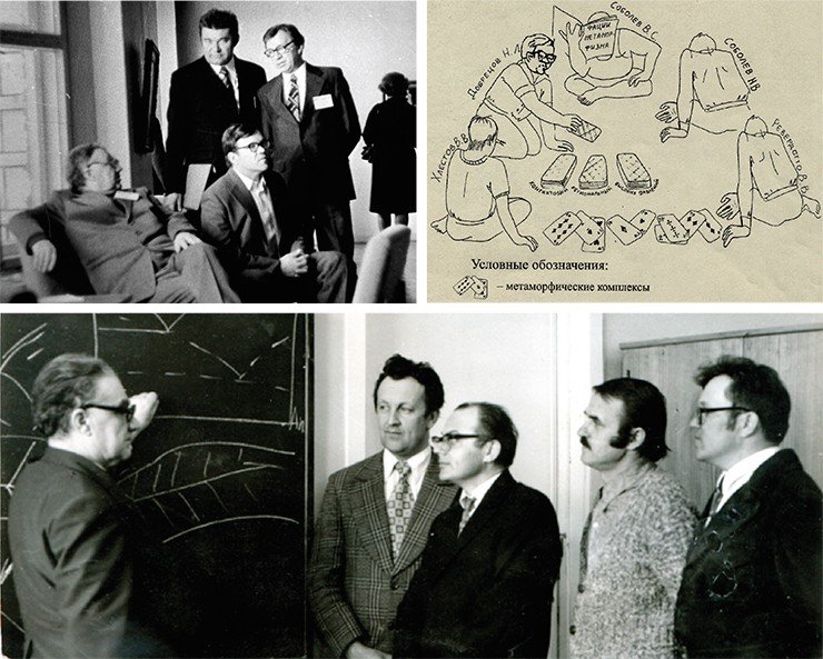 На съезде Международной Минералогической Ассоциации, 1978 г. акад. В. С. Соболев, проф. Н. Л. Добрецов (сидят), чл.-кор. АН СССР Е. А. Кулиш, член-корр. АН СССР В. А. Жариков (стоят). Справа: Из неопубликованной статьи Е. В. Склярова «Н. Л. Добрецов и тектонические аспекты метаморфизма». На этом дружеском шарже изображены лауреаты Ленинской премии. Внизу: Соболев и др. после юбилея