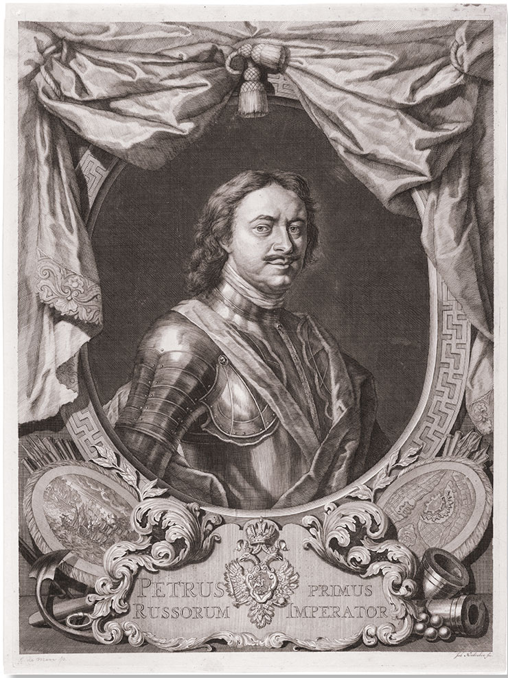 Peter I, the last Russian tsar and the first Russian emperor. Painting by C. Guttenberg. Engraving by J. Houbraken after a drawing by C. de Moor, 1717. Public Domain Dedication