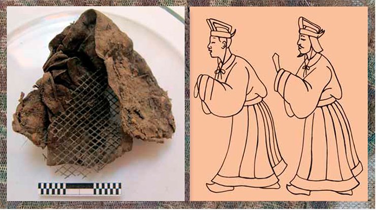 In the hole made by robbers in Tumulus 22, Noin-Ula, researchers found a fragment of the lacquer grating and silk fabric of the guan headpiece. In China this headpiece was a sign of ethnic affiliation and “civility.” The Han reliefs show images of Chinese officials wearing these headpieces (right). Photo by L. Kundo. Drawing by E. Shumakova In the hole made by robbers in Tumulus 22, Noin-Ula, researchers found a fragment of the lacquer grating and silk fabric of the guan headpiece. In China this headpiece was a sign of ethnic affiliation and “civility.” The Han reliefs show images of Chinese officials wearing these headpieces (right). Photo by L. Kundo. Drawing by E. Shumakova