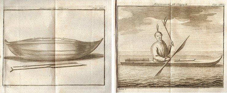 Слева: «Американская байдара». Гравюра из русского издания 1755 г. «Американцы по морю плавают в кожаных байдарах, так же, как Коряки и Чукчи. Байдары их длиною сажени по две, а вышиною в два фута, носы у них вострые, а дна плоские. Внутренне сложение их состоит из шестов, которые по обеим концам вместе сплочены и распялены поперешными впорками. Кожи, которыми оне вкруг обтянуты, кажется тюленыи выкрашенные вишневою краскою». По: (Крашенинников С. П. Описание земли Камчатки. СПб., 1994. Т. 1. С.128). Справа: «Американец на байдаре». Гравюра из русского издания 1755 г. «Американец, седши… протягивает ноги и обвязывает вокруг себя брюшину, чтоб воде в байдару попасть не можно было. Гребут одним веслом, длиною несколько сажен, на обе стороны попеременно, с таким успехом, что им противные ветры немного препятствуют, и с такою безопасностью. Что они несмотря на ужасное морское волнение плавать не боятся». По: (Крашенинников С.П. Описание Земли Камчатки. СПб., 1994. Т. 1. С.128)