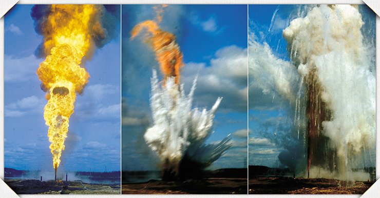 Episodes in the vortex–powder extinguishing of an oil flame consuming 6,000 tons of fuel a day. It took only 6 kg of explosives and 500 kg of fire extinguishing powder to suppress this fire Episodes in the vortex–powder extinguishing of an oil flame consuming 6,000 tons of fuel a day. It took only 6 kg of explosives and 500 kg of fire extinguishing powder to suppress this fire