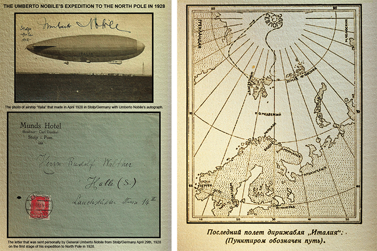 On the left is a letter sent to U. Nobile on April 29, 1929, from Stolp (then Germany) during the Italia’s stopover for repairs. Photo from D. Pankratov’s archive (Moscow). Map of the Italia’s last flight from Yu. Geko’s book 50 dnei: gibel’ dirizhablya Italiya (50 Days: The Death of the Italia), Leningrad: Priboi, 1928