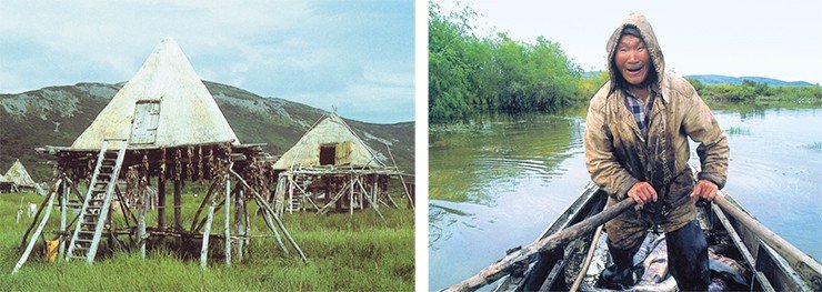 Слева: летние жилища современных ительменов Камчатки. Справа: рыбный промысел – одно из основных занятий коряков. Фото Я. Оелкера
