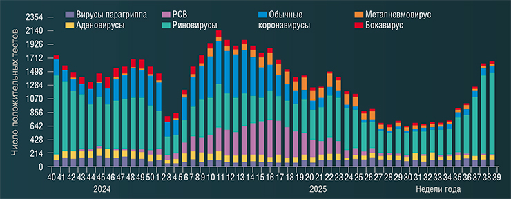 Результаты мониторинга заболеваемости ОРВИ негриппозной этиологии по результатам ПЦР-диагностики в сезон 2024–2025 гг. Данные базовых лабораторий двух Национальных центров по гриппу ВОЗ в РФ. По: (https://influenza.spb.ru/surveillance/flu-bulletin/?year=2025&week=39) Результаты мониторинга заболеваемости ОРВИ негриппозной этиологии по результатам ПЦР-диагностики в сезон 2024–2025 гг. Данные базовых лабораторий двух Национальных центров по гриппу ВОЗ в РФ. По: (https://influenza.spb.ru/surveillance/flu-bulletin/?year=2025&week=39)