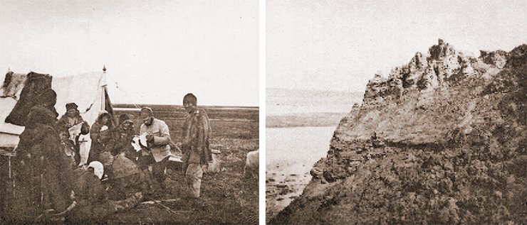 M. Ya. Kozhevnikov trading with the Chukchi (left). Post-Pliocene sands on the ocean shore, to the west of the Bolshaya River (right). Photo by I. Tolmachoff. From: (Tolmachoff, 1911) M. Ya. Kozhevnikov trading with the Chukchi (left). Post-Pliocene sands on the ocean shore, to the west of the Bolshaya River (right). Photo by I. Tolmachoff. From: (Tolmachoff, 1911)