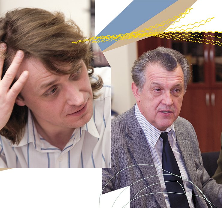 Антон Дмитриевич Николенко (слева) – научный сотрудник. «Человечество делится на две части: те, кому лень разбираться в физике, и те, кому лень ее объяснять. Исключения собираются в институтах и университетах». Николай Сергеевич Диканский (справа) – главный научный сотрудник, чл.-к. РАН, ректор НГУ. «Фундаментальное образование – только на основе фундаментальной науки» Антон Дмитриевич Николенко (слева) – научный сотрудник. «Человечество делится на две части: те, кому лень разбираться в физике, и те, кому лень ее объяснять. Исключения собираются в институтах и университетах». Николай Сергеевич Диканский (справа) – главный научный сотрудник, чл.-к. РАН, ректор НГУ. «Фундаментальное образование – только на основе фундаментальной науки»