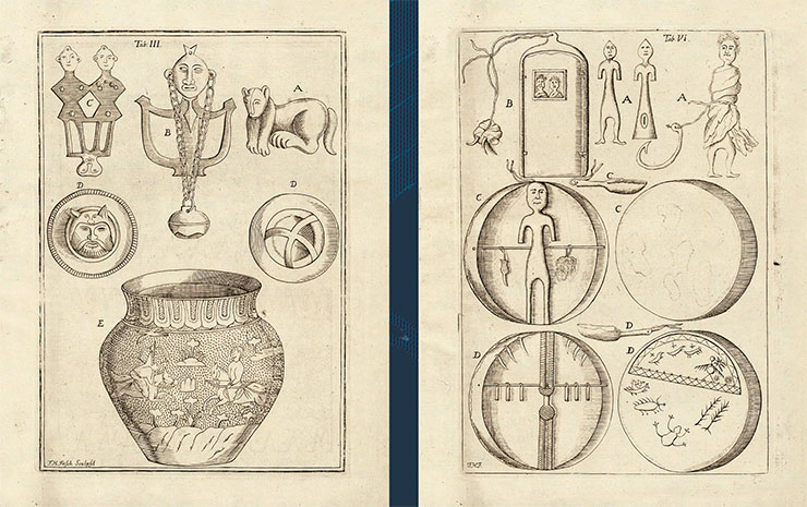 Daniel Gottlieb Messerschmidt made a difficult exploration journey across Siberia, despite his “limited personal strength, given a weak physical constitution,” as the researcher himself wrote. The engravings depict the finds made and sketched during his journey with Philipp Johann von Strahlenberg. Left: Copper figurines and horse harness decorations, including a phalar with an image of Hercules’ head, and a vessel with a hunting scene. Right: Images of tambourines and copper idols “found with the Baraba Tatars.” Engravings by F. H. Frisch to the book Das Nord- und Östliche Theil von Europa und Asia (North and Eastern Parts of Europe and Asia) by Ph. J. Strahlenberg. Stockholm, 1730. Adapted from: (Kopaneva, 2014) Daniel Gottlieb Messerschmidt made a difficult exploration journey across Siberia, despite his “limited personal strength, given a weak physical constitution,” as the researcher himself wrote. The engravings depict the finds made and sketched during his journey with Philipp Johann von Strahlenberg. Left: Copper figurines and horse harness decorations, including a phalar with an image of Hercules’ head, and a vessel with a hunting scene. Right: Images of tambourines and copper idols “found with the Baraba Tatars.” Engravings by F. H. Frisch to the book Das Nord- und Östliche Theil von Europa und Asia (North and Eastern Parts of Europe and Asia) by Ph. J. Strahlenberg. Stockholm, 1730. Adapted from: (Kopaneva, 2014)