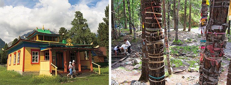 Аршанский дацан – буддийский храм (слева). Деревья в Святой роще около источника (справа)