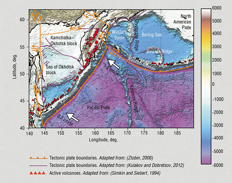 This map shows the major tectonic elements of the Kuril–Kamchatka and Aleutian regions, primarily the deep-sea trenches, i. e., areas where the Pacific Plate, moving at a rate of 7.5–8.2 cm per year, begins to subduct beneath Kamchatka and the Kuril and Aleutian Islands This map shows the major tectonic elements of the Kuril–Kamchatka and Aleutian regions, primarily the deep-sea trenches, i. e., areas where the Pacific Plate, moving at a rate of 7.5–8.2 cm per year, begins to subduct beneath Kamchatka and the Kuril and Aleutian Islands