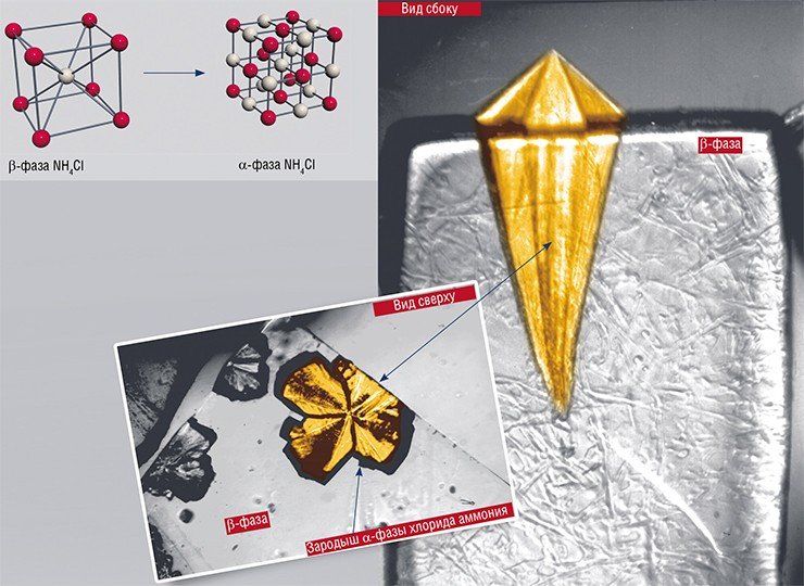 Превращение NH₄Cl из β-фазы в α-фазу сопровождается уменьшением плотности на 16 % (соответственно молярный объем увеличивается на 19 %). На начальной стадии превращения на поверхности исходного реагента возникают мельчайшие частицы продукта, называемые зародышами. Дальнейшее превращение происходит на границе c растущим зародышем. Для наглядности часть зародышей подкрашена желтым цветом