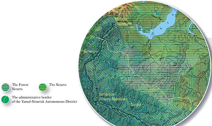 The map of the Nenets distribution in North-West Siberia (late 19th–early 20th centuries). The Forest Nenets inhabit the tundra, forest-tundra, and taiga natural zones with their characteristic soils and plants. The territory is rich in rivers, streams and lakes. The climate is continental: winter temperatures as low as -55 °C, summer temperatures as high as +30 °C
