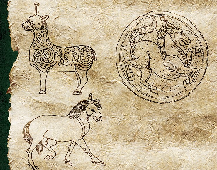 Top left: Chinese unicorn. 1st—2nd c. AD. Vermail. The British Museum, London. Top right: depiction of a unicorn on a silver plate from the treasure trove on the island of Sark, UK. The plate was found in 1718 and then lost. In 1966 its drawings were discovered. Bottom: huanshu unicorn from Shan-hai Ching, an ancient Chinese book about imaginary animals, written supposedly during the reign of Qin Shi Huang in 246—209 BC. From: (Terentiev-Katanskiy, 2004) Top left: Chinese unicorn. 1st—2nd c. AD. Vermail. The British Museum, London. Top right: depiction of a unicorn on a silver plate from the treasure trove on the island of Sark, UK. The plate was found in 1718 and then lost. In 1966 its drawings were discovered. Bottom: huanshu unicorn from Shan-hai Ching, an ancient Chinese book about imaginary animals, written supposedly during the reign of Qin Shi Huang in 246—209 BC. From: (Terentiev-Katanskiy, 2004)