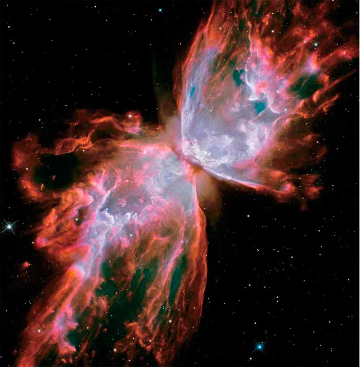 Размах «крыльев» планетарной туманности «Бабочка» (по новому каталогу – NGC 6302) в созвездии Скорпиона охватывает более 3 световых лет; от Земли же ее отделяет около 4 тыс. световых лет. Гибнущая центральная звезда этой необычной туманности очень сильно раскалилась (температура ее поверхности оценена в 250 000 °С) и ярко светит в ультрафиолетовом диапазоне. Но от нас она скрыта пылевым кольцом, рассекающим яркую полосу ионизованного газа. Снимок с космического телескопа «Хаббл», 2009 г. Credit: NASA / ESA / Hubble Размах «крыльев» планетарной туманности «Бабочка» (по новому каталогу – NGC 6302) в созвездии Скорпиона охватывает более 3 световых лет; от Земли же ее отделяет около 4 тыс. световых лет. Гибнущая центральная звезда этой необычной туманности очень сильно раскалилась (температура ее поверхности оценена в 250 000 °С) и ярко светит в ультрафиолетовом диапазоне. Но от нас она скрыта пылевым кольцом, рассекающим яркую полосу ионизованного газа. Снимок с космического телескопа «Хаббл», 2009 г. Credit: NASA / ESA / Hubble