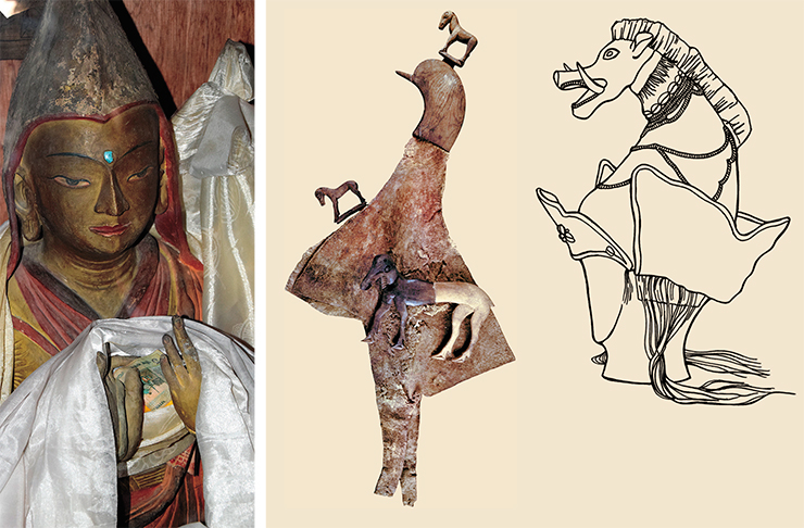 A statue of Atisha, a preacher who was restoring Buddhism in Tibet after the prosecutions by the king Langdarma (left). Felt helmet. Ak-Alakha 1, mound 1. Polosmak’s excavations, 1990. Drawing of a Tibetan monk’s cap. Collections of the State Museum of Ethnography, Munich, Germany A statue of Atisha, a preacher who was restoring Buddhism in Tibet after the prosecutions by the king Langdarma (left). Felt helmet. Ak-Alakha 1, mound 1. Polosmak’s excavations, 1990. Drawing of a Tibetan monk’s cap. Collections of the State Museum of Ethnography, Munich, Germany