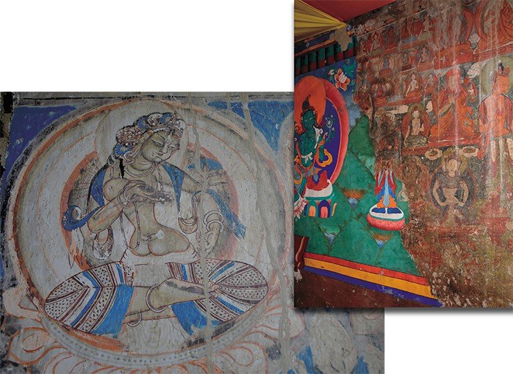 Right: new and ancient paintings on the wall of the prayer hall in the Karsh Monastery. Below: Goddess with offerings, a fragment of the paintings in a chorten in Zangla (formerly a small principality in Zanskar) Right: new and ancient paintings on the wall of the prayer hall in the Karsh Monastery. Below: Goddess with offerings, a fragment of the paintings in a chorten in Zangla (formerly a small principality in Zanskar)