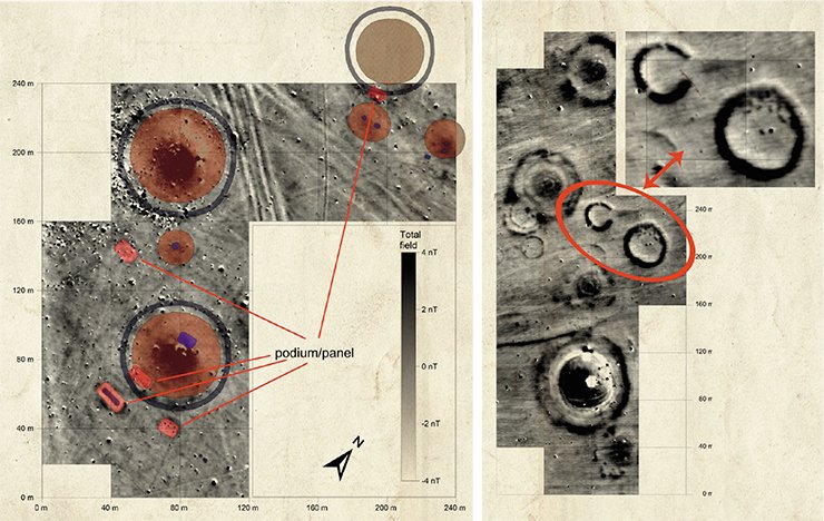 Left: prospecting of the Vinogradny-1 and Vinogradny-2 burial grounds with a cesium magnetometer (Stavropol krai, Northern Caucasus). On right: Magnetogram of the Vinogradny-1 burial grounds, 2012. Zooming in on the horseshoe-shaped and round ritual constructions. The magnetic intensity and characteristics of the magnetogram reveals that the constructions and the ditches were exposed to high temperatures of man-made fires or contain ashes Left: prospecting of the Vinogradny-1 and Vinogradny-2 burial grounds with a cesium magnetometer (Stavropol krai, Northern Caucasus). On right: Magnetogram of the Vinogradny-1 burial grounds, 2012. Zooming in on the horseshoe-shaped and round ritual constructions. The magnetic intensity and characteristics of the magnetogram reveals that the constructions and the ditches were exposed to high temperatures of man-made fires or contain ashes