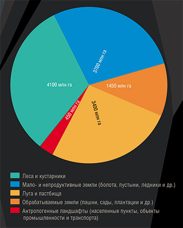 В структуре мирового земельного фонда на сельскохозяйственные угодья приходится лишь 37 %, причем обрабатываемые земли занимают лишь 11 %, а все остальное – естественные луга и пастбища. Еще на 32 % территории располагаются леса и кустарники, и почти столько же занимают мало- и непродуктивные земли (Митрофанова, 2020)