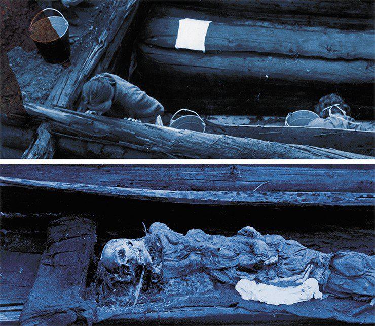 Burial chamber with the hollow log that contained the mummy, at Ak-Alakha 3 Mound 1. The mummy is now kept at the Anokhin National Museum of the Republic of Altai Burial chamber with the hollow log that contained the mummy, at Ak-Alakha 3 Mound 1. The mummy is now kept at the Anokhin National Museum of the Republic of Altai