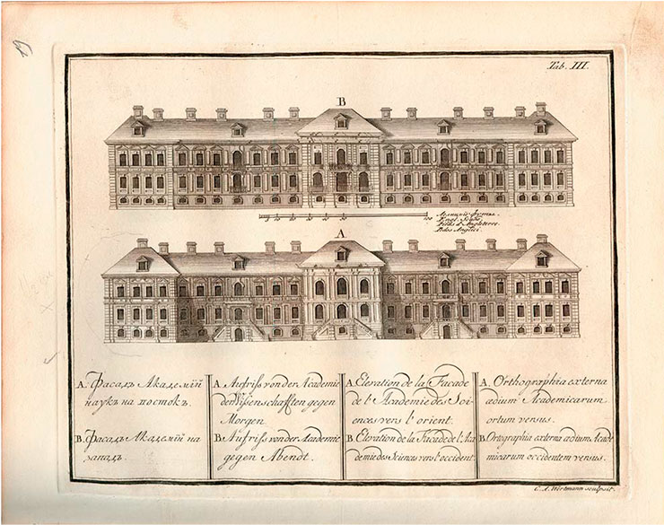 Академия наук и искусств, созданная в 1725 г. по указу Петра I, разместилась в бывшем дворце царицы Прасковьи Федоровны на Васильевском острове (вверху – фасады на восток и запад). Гравюра резцом Хр. Вортмана. Российская национальная библиотека (Санкт-Петербург)