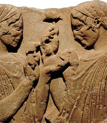 A scene from the Eleusinian Mysteries: Persephone taking a mushroom from Demeter. C. 4th c. BC