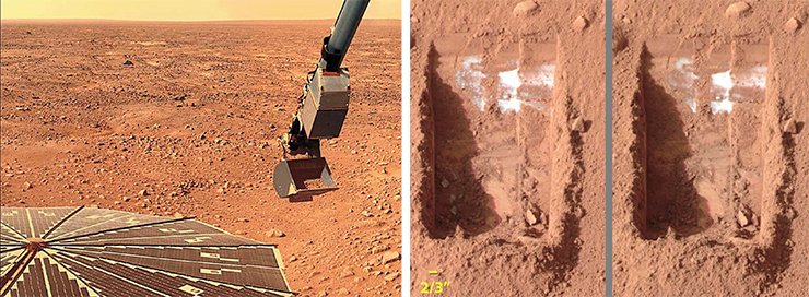 Панель солнечной батареи и ковш экскаватора зонда Phœnix (NASA). В марсианском грунте под растаявшей летом полярной шапкой обнаружено белое вещество. Через несколько земных дней очень небольшая часть растаяла Панель солнечной батареи и ковш экскаватора зонда Phœnix (NASA). В марсианском грунте под растаявшей летом полярной шапкой обнаружено белое вещество. Через несколько земных дней очень небольшая часть растаяла