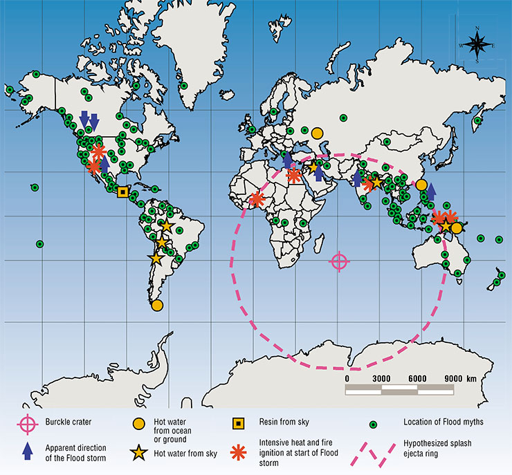 A detailed analysis of the texts of ancient legends and tales about the Great Flood allowed Bruce Masse to identify roughly the location of the impact site where a giant comet hit the Earth, causing the Great Flood, i. e., the southwestern part of the Indian Ocean near Madagascar. Adapted from: (Masse, 2008)