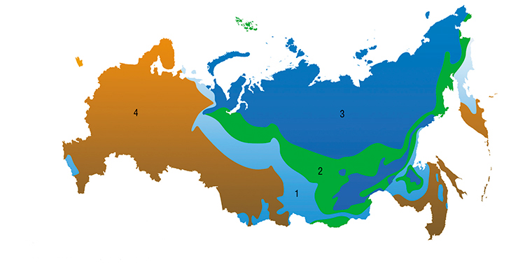 Zones of perennially frozen soils (1–3): 1 – insular (< 50% of the area with permafrost soils); 2 – non-continuous (50–90%); 3 – continuous (>90%); 4 – seasonal freezing. Almost one fourth of the territory of Russia is located in the permafrost zone. Global warming causes the destruction of permafrost soils and land subsidence as a result of thermokarst processes Zones of perennially frozen soils (1–3): 1 – insular (< 50% of the area with permafrost soils); 2 – non-continuous (50–90%); 3 – continuous (>90%); 4 – seasonal freezing. Almost one fourth of the territory of Russia is located in the permafrost zone. Global warming causes the destruction of permafrost soils and land subsidence as a result of thermokarst processes