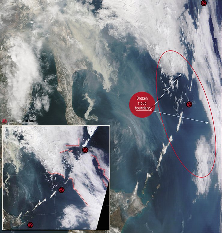 The formation of clear-cut angular cloud boundaries in the northern part of the Kuril Islands preceded the earthquakes that occurred throughout the island range (on May 2, there was an earthquake on the Kuril Islands, on May 3, near the island of Hokkaido). The photo taken from satellite Terra (NASA/GSFC, Rapid Response) on April 30, 2009 The formation of clear-cut angular cloud boundaries in the northern part of the Kuril Islands preceded the earthquakes that occurred throughout the island range (on May 2, there was an earthquake on the Kuril Islands, on May 3, near the island of Hokkaido). The photo taken from satellite Terra (NASA/GSFC, Rapid Response) on April 30, 2009