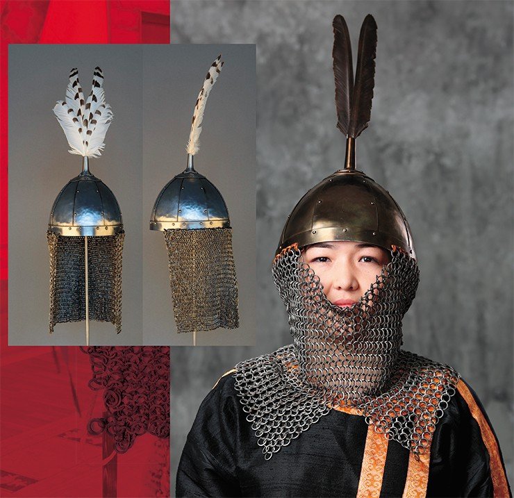 Scholarly historical reconstruction of the helmet of a 12th–14th century Yenisei Kyrgyz warrior, based on an accidental find of a helmet dome in the Minusinsk Basin, now kept at the Kyzlasov Khakass National Museum of Local History (Abakan, Russia), and a chainmail aventail found near the town of Sayanogorsk (now kept in Moscow, in a private collection). Photo by A. Bolzhurov (right). Photo by S. Borisenko (left)