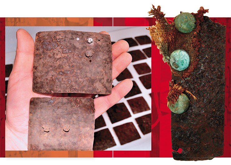 Elements of a plate–riveted armor system from Khakassia (left) and the Tyumen region (right). These plates were attached, from the inside, to the upper part of the clothing, made of textile or leather, including to the aventail. NSU Museum. Photo by the author