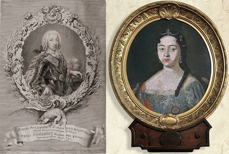 Портрет Великого князя Петра Федоровича, будущего императора Петра III (слева). И. А. Соколов с живописного оригинала Г. Грота. Гравировальная палата Петербургской Академии наук. Портрет цесаревны Анны Петровны (1708–1728). До 1913 г. мозаика хранилась в Эрмитаже, затем в Русском музее, с 1948 г. – в Музее М. В. Ломоносова. М. Ломоносов. Мозаика, смальта. 58×49. © МАЭ РАН