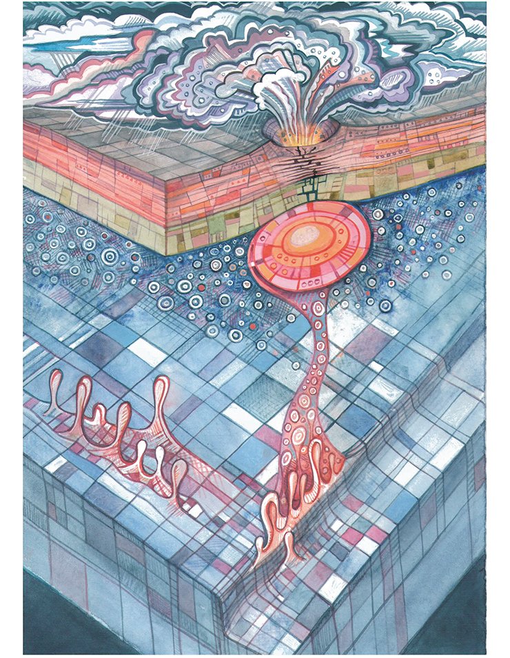 Main cause of supereruptions is the accumulation of water in the Earth’s interior, which makes water, however paradoxical it may sound, the most explosive substance on the Earth. Drawing by Ivan Koulakov, watercolor on paper Main cause of supereruptions is the accumulation of water in the Earth’s interior, which makes water, however paradoxical it may sound, the most explosive substance on the Earth. Drawing by Ivan Koulakov, watercolor on paper
