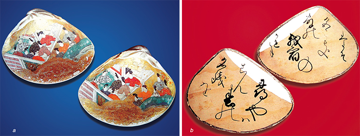 In the 12th century a hamaguri seashell game was very popular among the Japanese; it consisted in matching the clam shells with either the identical pictures with insignificant differences (a), or parts of the same poem (b) inscribed on the internal parts of the shells. They became the prototype of the “poetic cards” uta-karuta. a – seashells for kaiawase game; b – genji-karuta in the form of seashells In the 12th century a hamaguri seashell game was very popular among the Japanese; it consisted in matching the clam shells with either the identical pictures with insignificant differences (a), or parts of the same poem (b) inscribed on the internal parts of the shells. They became the prototype of the “poetic cards” uta-karuta. a – seashells for kaiawase game; b – genji-karuta in the form of seashells
