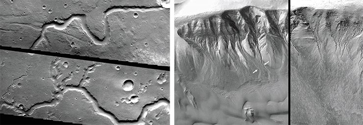 Слева: высохшие русла марсианских рек (NASA). Справа: марсианские овраги (Credit: Malin Space Science Systems, MGS, JPL, NASA) Слева: высохшие русла марсианских рек (NASA). Справа: марсианские овраги (Credit: Malin Space Science Systems, MGS, JPL, NASA)