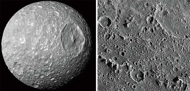 Such impact structures as meteorite craters have been discovered on all the known solid bodies of the solar system, including not only planets but also their satellites. Left: The surface of one of the innermost moons of Saturn, Mimas (208×197×191 km), is pockmarked with meteorite craters. Image from Cassini–Huygens (ESA–NASA), 2010. Credit: NASA/JPL/Space Science Institute. Right: Meteorite craters on the surface of Callisto, the second largest moon of Jupiter, discovered by Galileo. Image from Galileo spacecraft, 1998. Credit: NASA/JPL-Caltech Such impact structures as meteorite craters have been discovered on all the known solid bodies of the solar system, including not only planets but also their satellites. Left: The surface of one of the innermost moons of Saturn, Mimas (208×197×191 km), is pockmarked with meteorite craters. Image from Cassini–Huygens (ESA–NASA), 2010. Credit: NASA/JPL/Space Science Institute. Right: Meteorite craters on the surface of Callisto, the second largest moon of Jupiter, discovered by Galileo. Image from Galileo spacecraft, 1998. Credit: NASA/JPL-Caltech