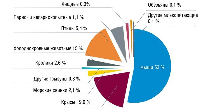 Среди модельных биологических объектов лидируют лабораторные мыши. Они оптимальны с позиций соотношения «цена – качество»: геном мышей на 95 % совпадает с человеческим геномом, а затраты на их разведение и содержание существенно меньше по сравнению со свиньями и обезьянами, генетически более близкими человеку. Данные по ЕС, 2005 г.  