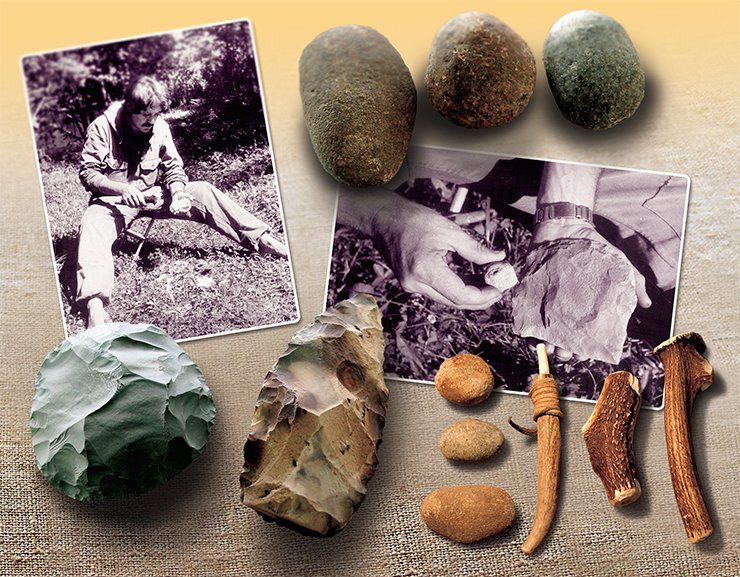 P. V. Volkov, Doctor of History, expert in experimental archaeology (Institute of Archaeology and Ethnography, SB RAS, Novosibirsk) at work. Stone tools, bifaces, made by contemporary “skillful hands.” The toolkit of the archeologist experimenter. Photo by P. Volkov