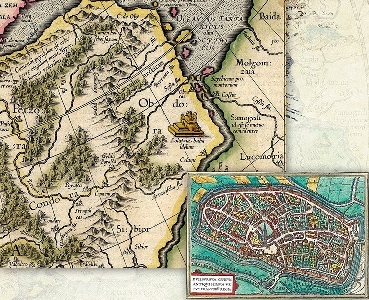 Слева: Карта России 1595 г. В районе Обдорской крепости изображена «Золотая баба». Справа: Дуйсбург. В центре – сохранившаяся до наших дней Сальватор-кирхе, в которой похоронен Меркатор. По: (Г. Браун и Ф. Хогенберг. Атлас городов мира, т. 2. карта 34, 1575). Российская национальная библиотека