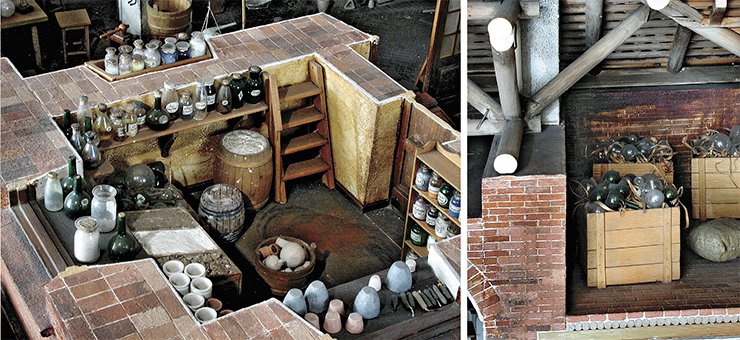 Various chemical utensils on the shelves and in the cabinets of the laboratory: glass vials and jars for storing reagents, flasks, retorts, evaporating cups, copper and cast iron mortars. Right is spare glassware stored in wooden boxes in the attic. Lomonosov Museum, MAE RAS