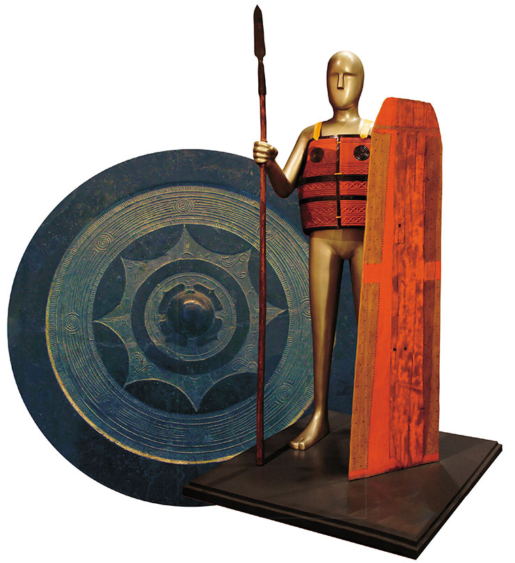 Mirror from the Hirabaru burial ground. Itokoku Historical Museum, Itoshima, Fukuoka Prefecture. Reconstruction of a Yayoi-period warrior’s defensive weapons. Yayoi Culture Museum, Izumi, Osaka Prefecture 