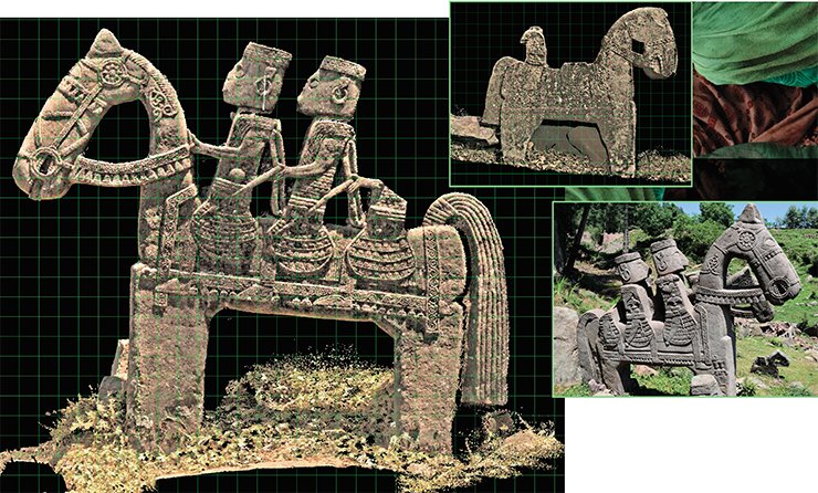 The results of the Gool stone riders visualization using laser scanning (a point cloud) and aerial photography. The laser scanning was performed using the Leica ScanStation P20 scanner. To create a geodesic compilation survey, the GNSS-receiver Leica GS14 was used operating in the RTK mode with radio channel correction transfer. Aerial photography was done using the DJI Phantom 3 unmanned drone The results of the Gool stone riders visualization using laser scanning (a point cloud) and aerial photography. The laser scanning was performed using the Leica ScanStation P20 scanner. To create a geodesic compilation survey, the GNSS-receiver Leica GS14 was used operating in the RTK mode with radio channel correction transfer. Aerial photography was done using the DJI Phantom 3 unmanned drone