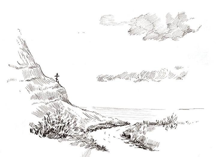 Cross in memory of Bering’s expedition, erected in Komandor Bay in the second half of the 19th century. Drawing by O. Pomytkina after a drawing by L. Stejneger, 1892 Cross in memory of Bering’s expedition, erected in Komandor Bay in the second half of the 19th century. Drawing by O. Pomytkina after a drawing by L. Stejneger, 1892