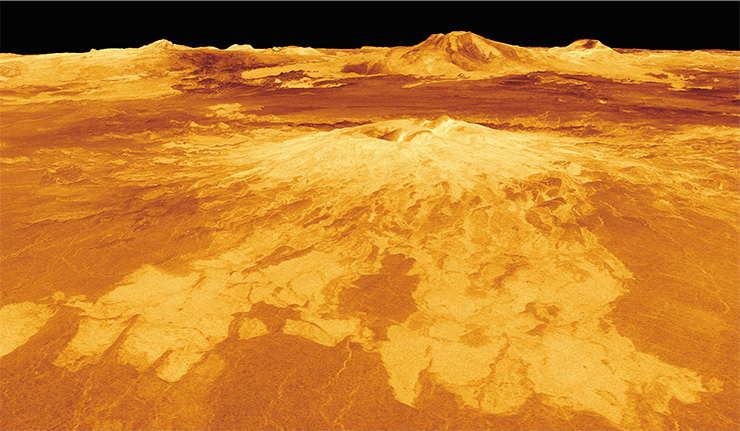 The mountain Sapas Mons with a double summit is one of the most spectacular volcanoes on Venus with a base about 400 km in diameter. The mountain is crowned by two craters, and its slopes are covered with intertwining frozen lava flows, some of which may have formed earlier than the summits. Credit: NASA/JPL The mountain Sapas Mons with a double summit is one of the most spectacular volcanoes on Venus with a base about 400 km in diameter. The mountain is crowned by two craters, and its slopes are covered with intertwining frozen lava flows, some of which may have formed earlier than the summits. Credit: NASA/JPL